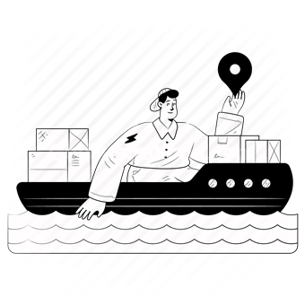 ship, boat, sea, ocean, shipping, delivery, location, box, package