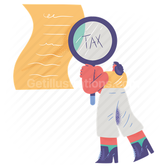 tax, taxes, document, paper, page, magnifier, search, find, woman, people