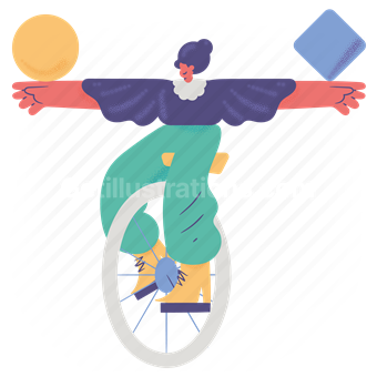 balance, balancing, unicycle, shapes, woman, people, tasks
