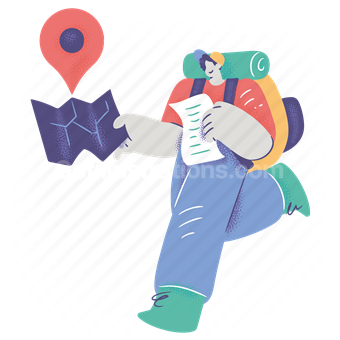 backpack, map, gps, marker, pin, directions, location, man, people
