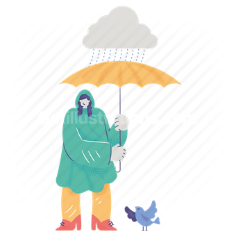 rain, raining, umbrella, cloud, forecast, woman, people, bird, nature