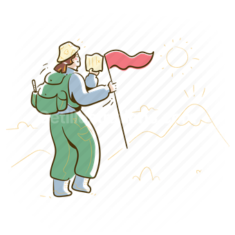 achievement, travel, flag, mountain, hiking, woman