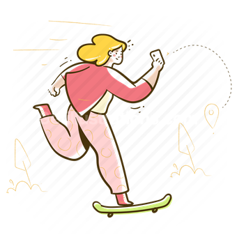 woman, pointer, navigation, smartphone, skateboard