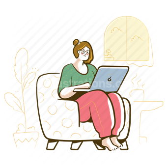 woman, chair, laptop, drink, beverage, home