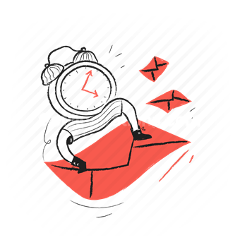 alarm clock, paper airplane, time management, procrastination, Vector illustration