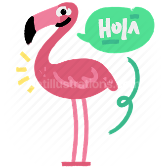 flamingo, hello, greeting, sticker, character, bird, animal