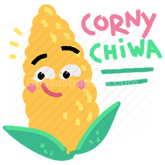 corny chiwa, corn, organic, greeting, sticker, character