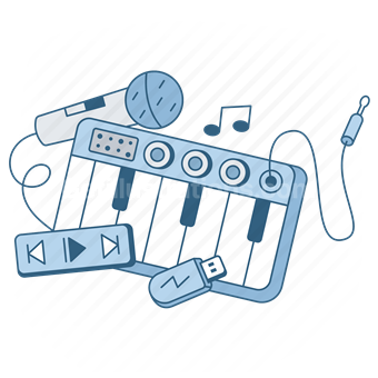 Music and Entertainment, Piano Keyboard, Audio Equipment, USB Connection, Vector illustration