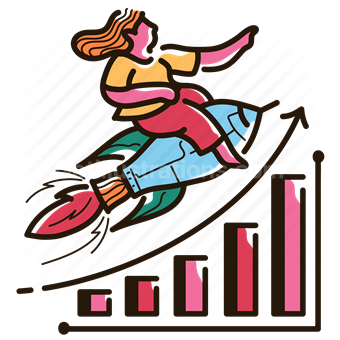 graph, chart, analytics, arrow, increase, launch, rocket, woman