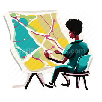 map, gps, draw, drawing, route, man, people, person, furniture, chair