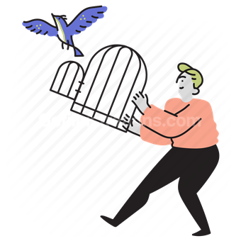 bird, birdcage, cage, freedom, release, man, people, pet