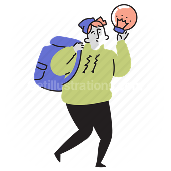student, lightbulb, light, idea, thought, school, backpack, man, boy, people