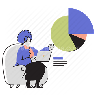 analytics, chart, graph, pie chart, info, infographic, woman, laptop, armchair