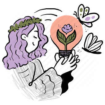 woman, people, lightbulb, light, butterfly, plant, plants, leaves