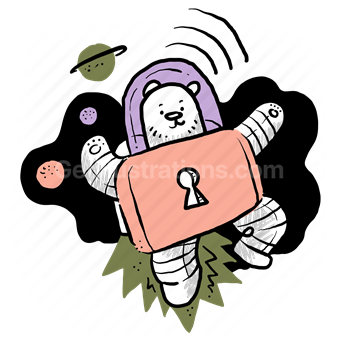 astronaut, padlock, bear, animal, outerspace, space, planets