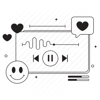 media, sound, audio, clip, video, emoji, heart, control, player