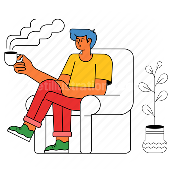 relax, chill, sitting, drink, beverage, home, armchair, furniture, plant, decoration