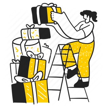 gift, present, holiday, box, package, woman, person, build, ladder