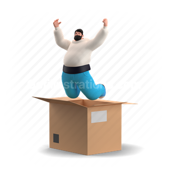 out of the box, box, package, logistic, man, clever, thought, idea