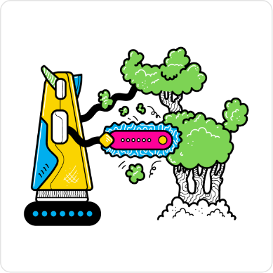 Robot trimming a tree CMYK illustration