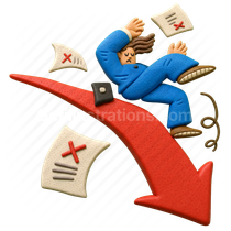 decline, decrease, failure, falling, downward trend, business, finance, arrow, graph, chart, loss, negative results, market crash, statistics, claymation, 3d illustration preview thumbnail from Halftone 3D illustrations Chapter 2 illustration pack